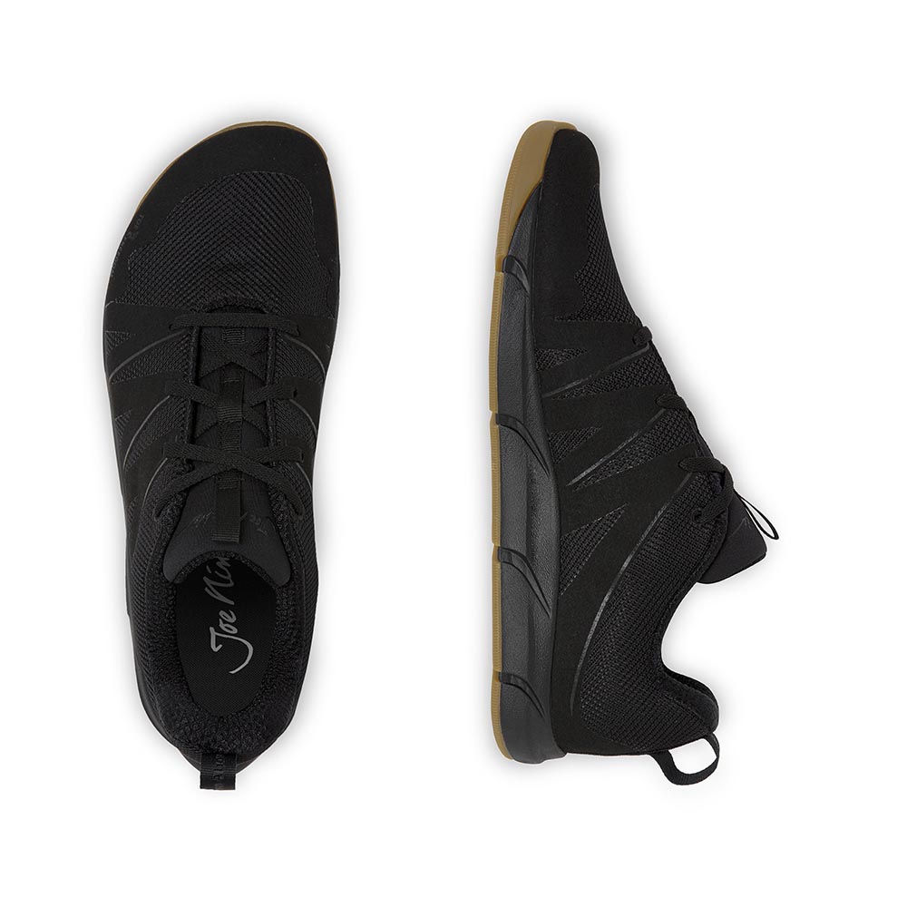 Der Joe Nimble Addict Laufschuh - das Schuhpaar in schwarz braun von oben und der Seite