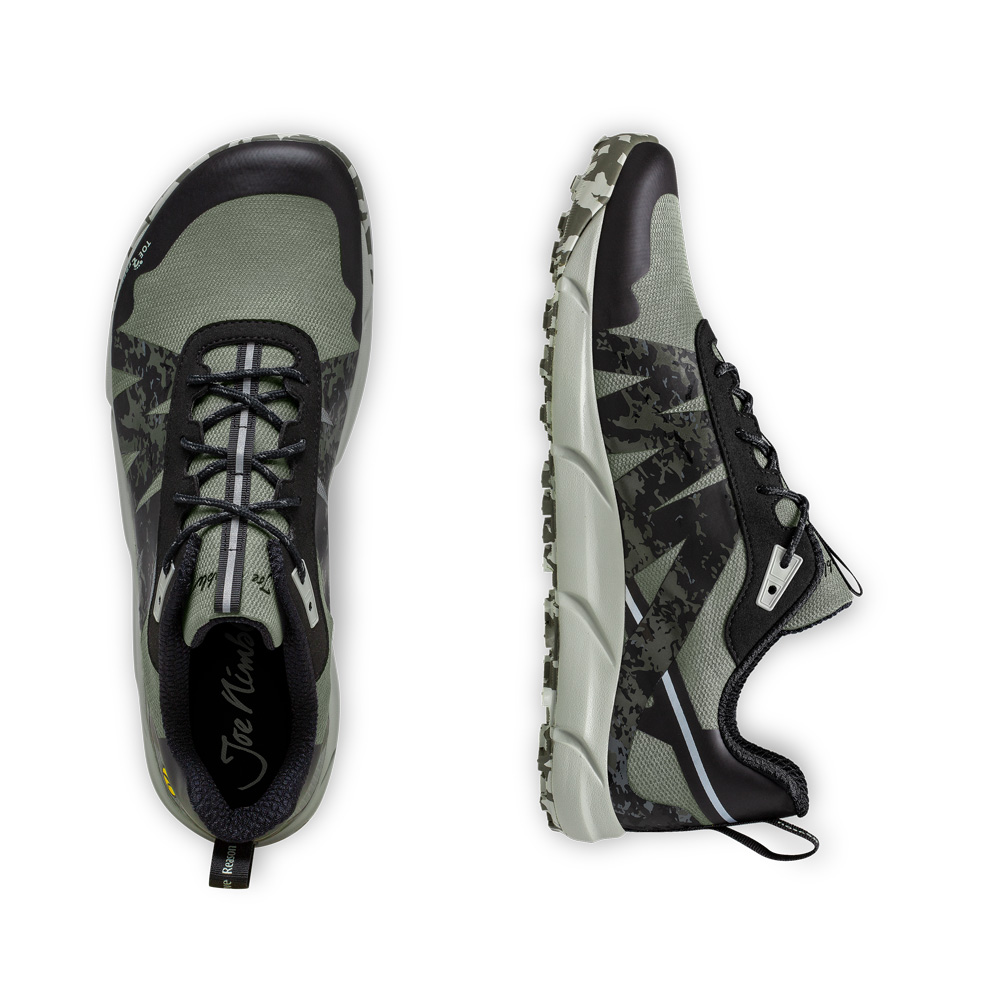 Der Joe Nimble Trail Addict WR Trail Laufschuh - das Schuhpaar in der Farbe Oliv von oben und der Seite